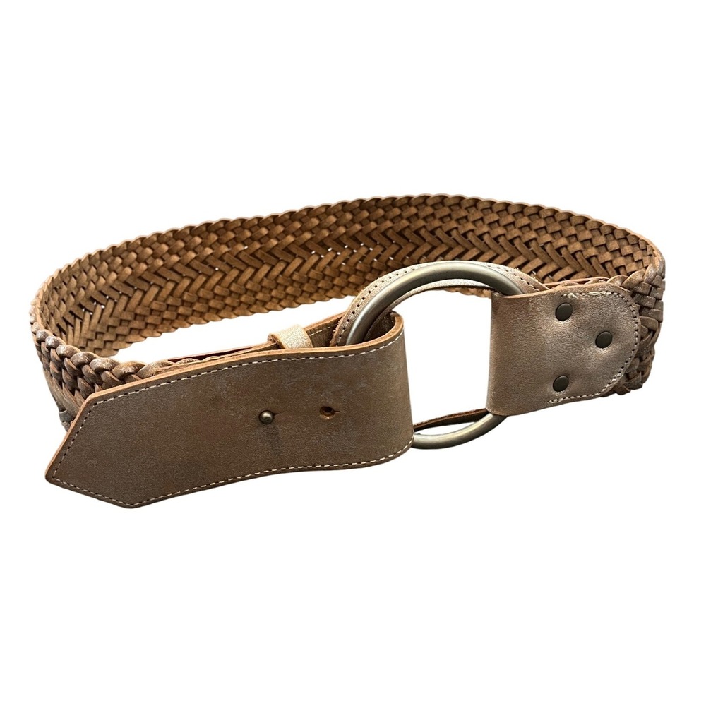 Armani Exchange Belt Womens S Tan Silver Woven Braided Leather O-Ring Wide